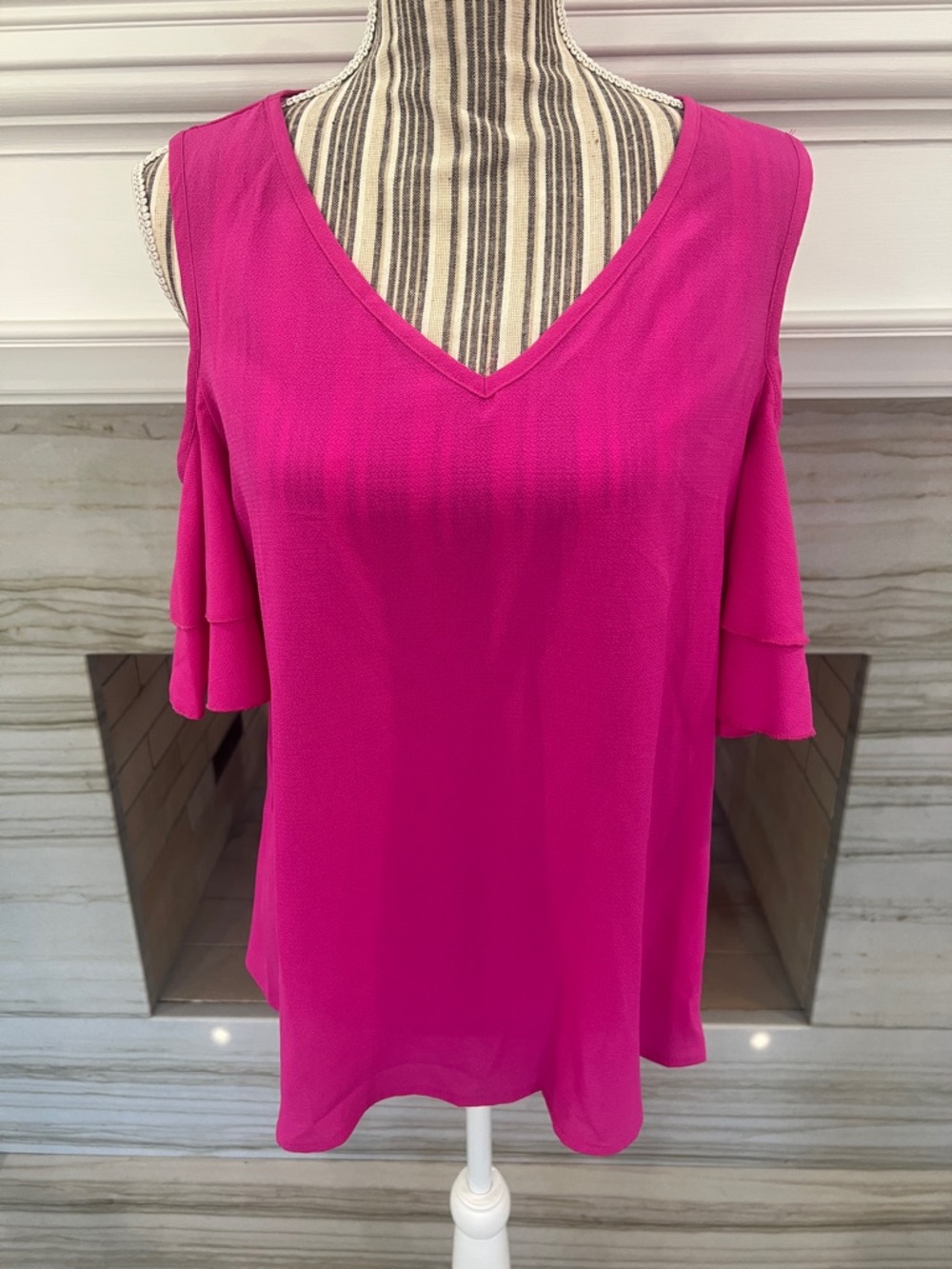 Women's V-Neck Cold-Shoulder Blouse in Hot Pink